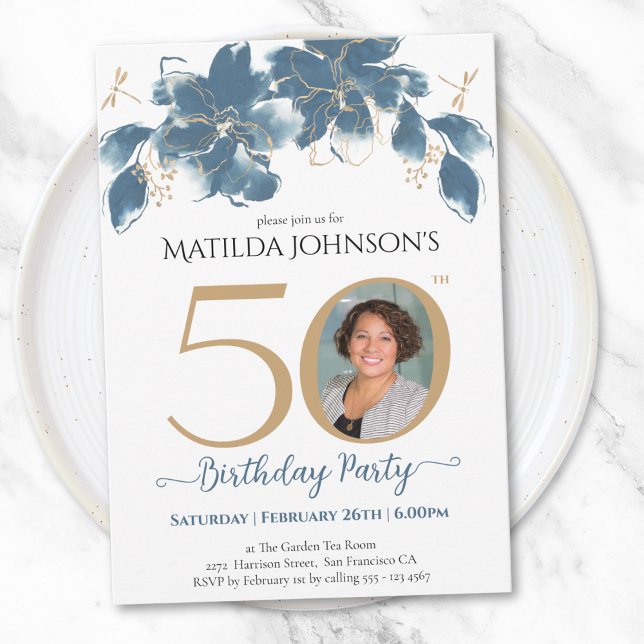  Gold Blue Floral Custom Photo 50th Birthday  Invitation (Gold Blue Floral Custom Photo 50th Birthday Invitation)