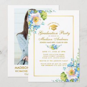 Gold Blue Floral Grad Party Invite - Photo Back