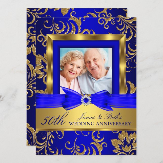 Gold Blue Floral Photo 50th Wedding Anniversary Invitation (Front/Back)