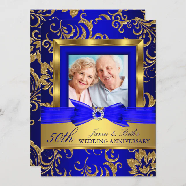 Gold Blue Floral Photo 50th Wedding Anniversary Invitation | Zazzle