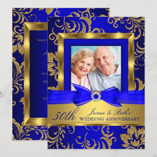 Gold Blue Floral Photo 50th Wedding Anniversary Invitation