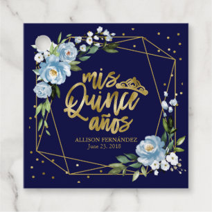 Gold Blue Floral Quinceanera Favour Tags