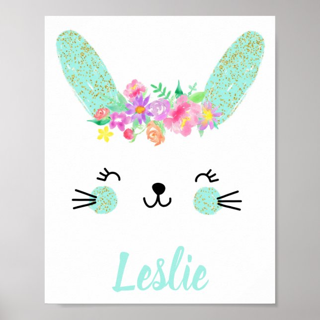 Gold Blue Floral Rabbit face Nursery Poster Name (Front)