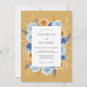 Gold Blue Floral Romantic Wedding Invitation
