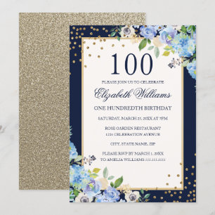 Gold Blue floral Sparkle 100th Birthday Invitation
