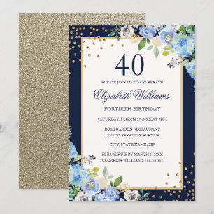 Gold Blue floral Sparkle 40th Birthday Invitation