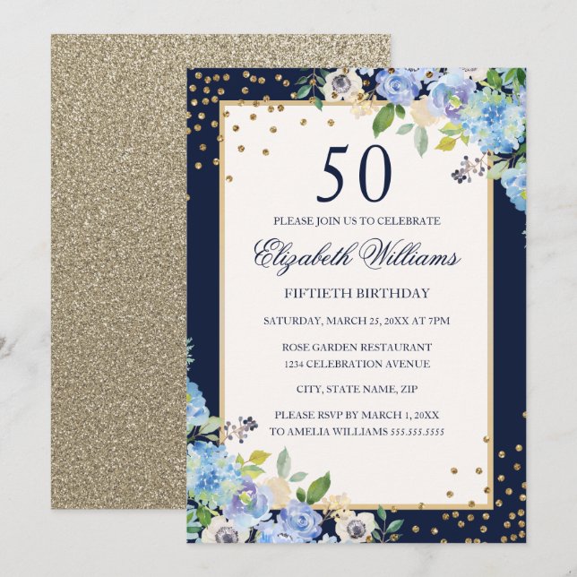 Gold Blue floral Sparkle 50th Birthday Invitation (Front/Back)