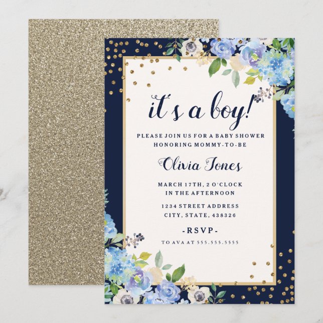 Gold Blue floral Sparkle Boy Baby Shower Invite (Front/Back)