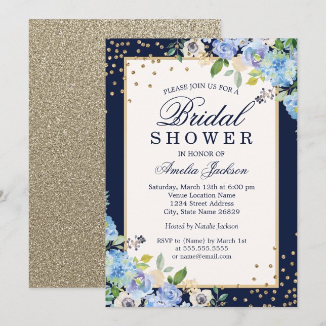 Gold Blue floral Sparkle Bridal Shower Invitation (Front/Back)