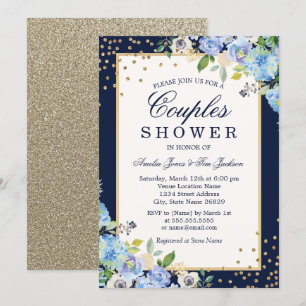 Gold Blue  floral Sparkle Couples Shower Invitation