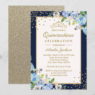 Gold Blue floral Sparkle Quinceanera Invitation