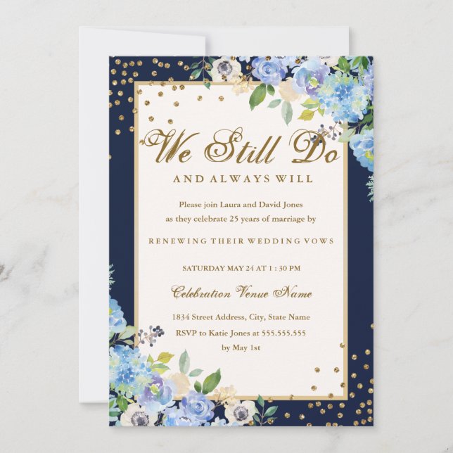 Gold Blue Floral Sparkle Vow Renewal Anniversary Invitation (Front)
