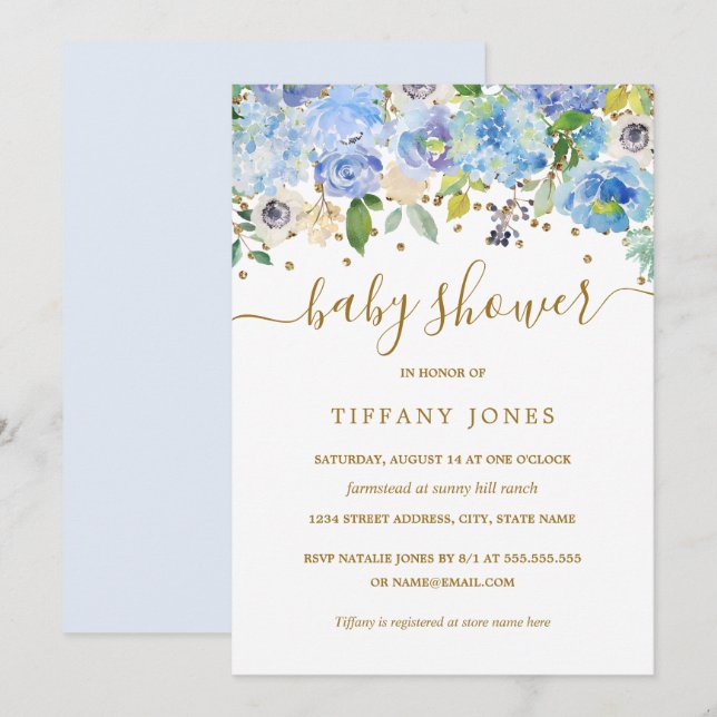 Gold Blue Floral Watercolor Baby Shower Invite (Front/Back)