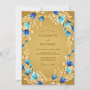 Gold Blue Floral Wreath Wedding Invitation