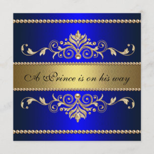 Gold Blue Flourish Pattern Boy Baby Shower Invitation