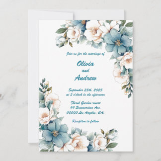Gold Blue Flower (Color Back): Wedding Invitation
