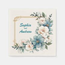 Gold Blue Flowers 2: Personalized Wedding Napkins