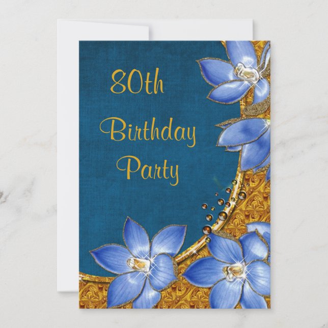 Gold & Blue Flowers 80th Birthday Invitation (Front)