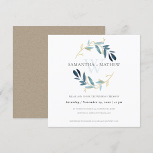 GOLD BLUE FOLIAGE WATERCOLOR WASH WREATH WEDDING INVITATION