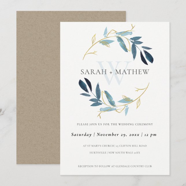 GOLD BLUE FOLIAGE WATERCOLOR WASH WREATH WEDDING INVITATION (Front/Back)