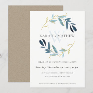 GOLD BLUE FOLIAGE WATERCOLOR WASH WREATH WEDDING INVITATION