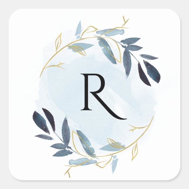 GOLD BLUE FOLIAGE WATERCOLOR WREATH MONOGRAM SQUARE STICKER (Front)