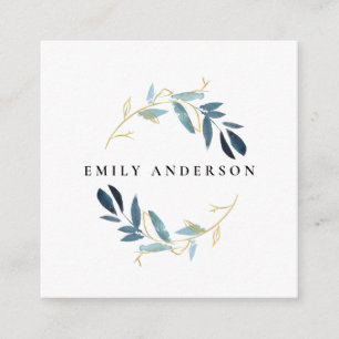 GOLD BLUE FOLIAGE WATERCOLOR WREATH PROFESSIONAL SQUARE BUSINESS CARD