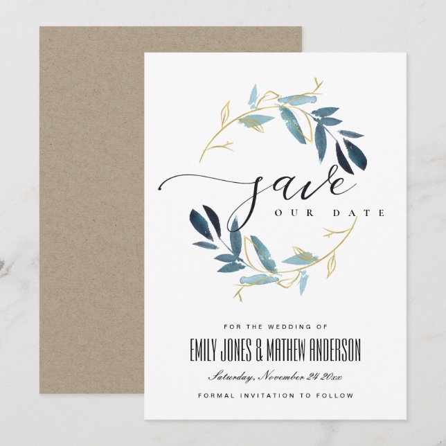 GOLD BLUE FOLIAGE WATERCOLOR WREATH SAVE THE DATE INVITATION (Front/Back)
