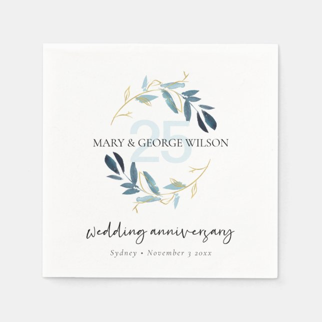 GOLD BLUE FOLIAGE WREATH ANY YEAR 25 ANNIVERSARY NAPKIN (Front)