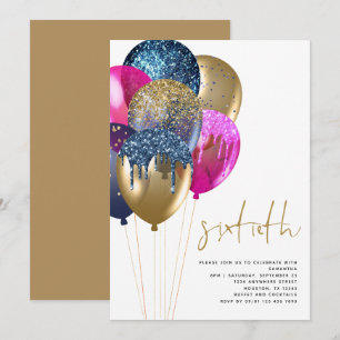 Gold Blue Fuchsia Glitter Balloons 60th Birthday Invitation