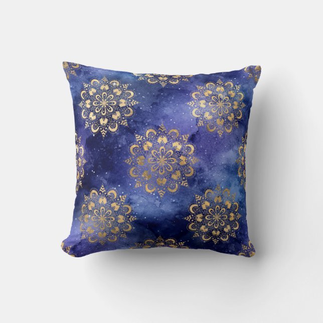 Gold & Blue Galaxy Dharma Mandala Pattern Cushion (Front)