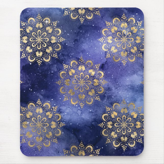 Gold & Blue Galaxy Dharma Mandala Pattern Mouse Mat (Front)