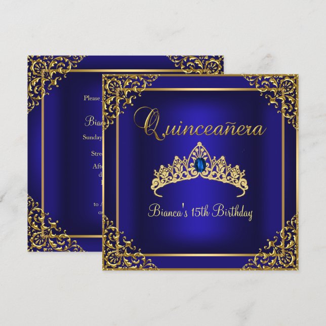 Gold & Blue Gem Tiara Quinceanera Invitation (Front/Back)
