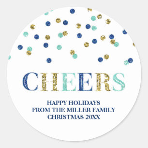 Gold Blue Glitter Confetti Cheers Christmas Custom Classic Round Sticker