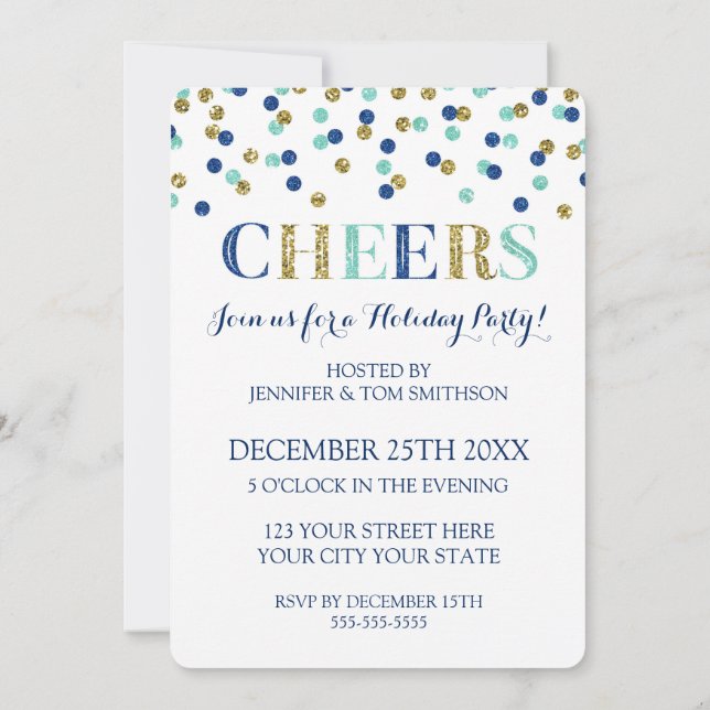 Gold Blue Glitter Confetti Cheers Christmas Party Invitation (Back)
