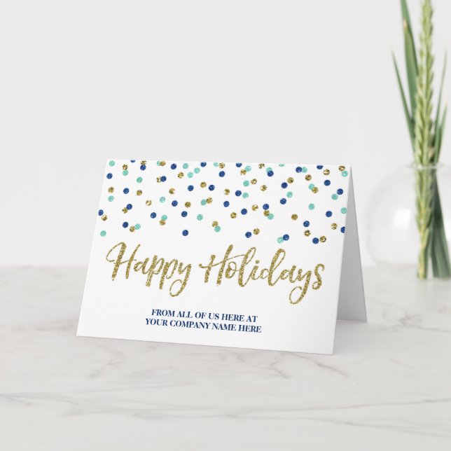 Gold Blue Glitter Confetti Corporate Christmas Holiday Card (Front)