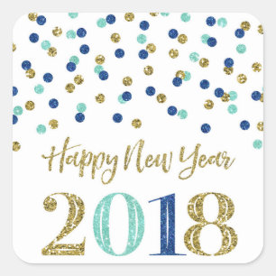 Gold Blue Glitter Confetti Happy New Year 2018 Square Sticker