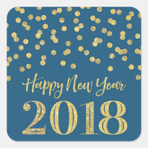 Gold Blue Glitter Confetti Happy New Year 2018 Square Sticker