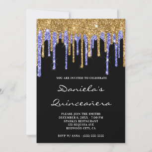 Gold Blue Glitter Drips Black Quinceañera Invitation