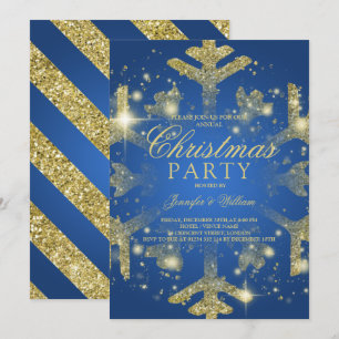 Gold & Blue Glitter Snowflake Xmas Holiday Party Invitation