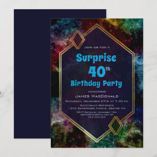 Gold Blue Glitter Surprise 40th Birthday Party Invitation