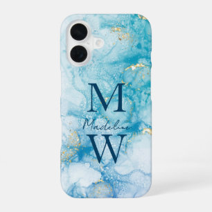 Gold Blue Glitter Watercolor Personalise iPhone 16 Case