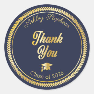 Gold   Blue Grad Cap Class of 2023 Thank You Classic Round Sticker