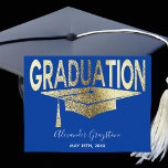 Gold Blue Graduation Cap Save The Date Postcard<br><div class="desc">Elegant gold and black graduation cap is perfect as a Save The Date,  Graduation Announcement or Graduation Party Invitation.  Celebrate your grads milestone achievement with family and friends. Congratulations to the graduate!</div>