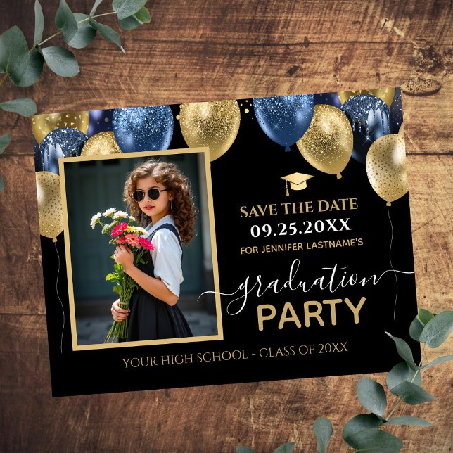 Gold Blue Graduation Party Photo Save the Date Postcard (Creator Uploaded)