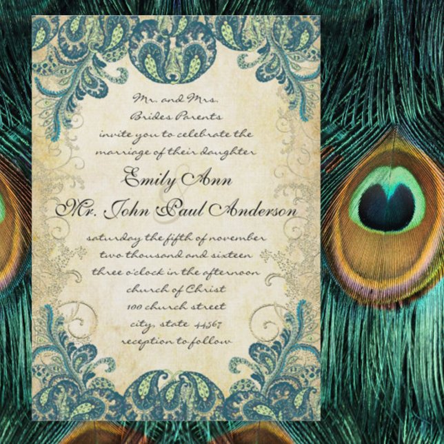 Gold Blue Green Paisley Peacock Wedding No Peacock Invitation (Creator Uploaded)