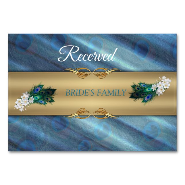 GOLD Blue-green Peacocks on Emerald Green Table Number (Front)