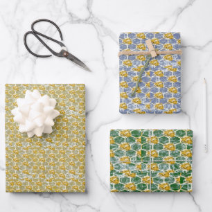 Gold Blue & Green Poinsettia Wrapping Paper Sheet