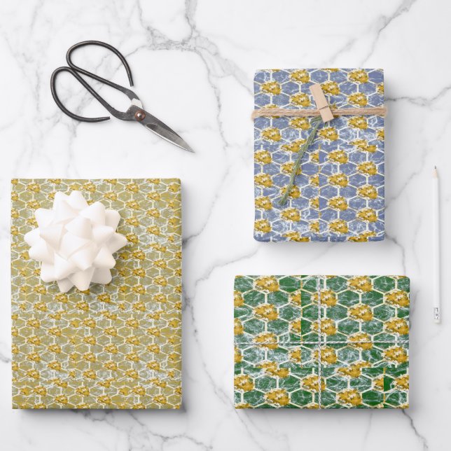 Gold Blue & Green Poinsettia Wrapping Paper Sheet (Front)