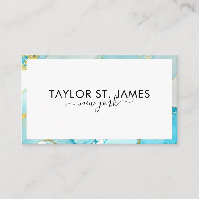 Gold Blue Green Watercolor Black Border Business Card (Front)